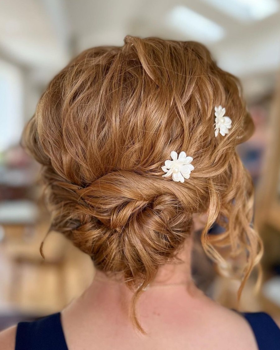 Cute Messy Short Hair Updo with Flowers